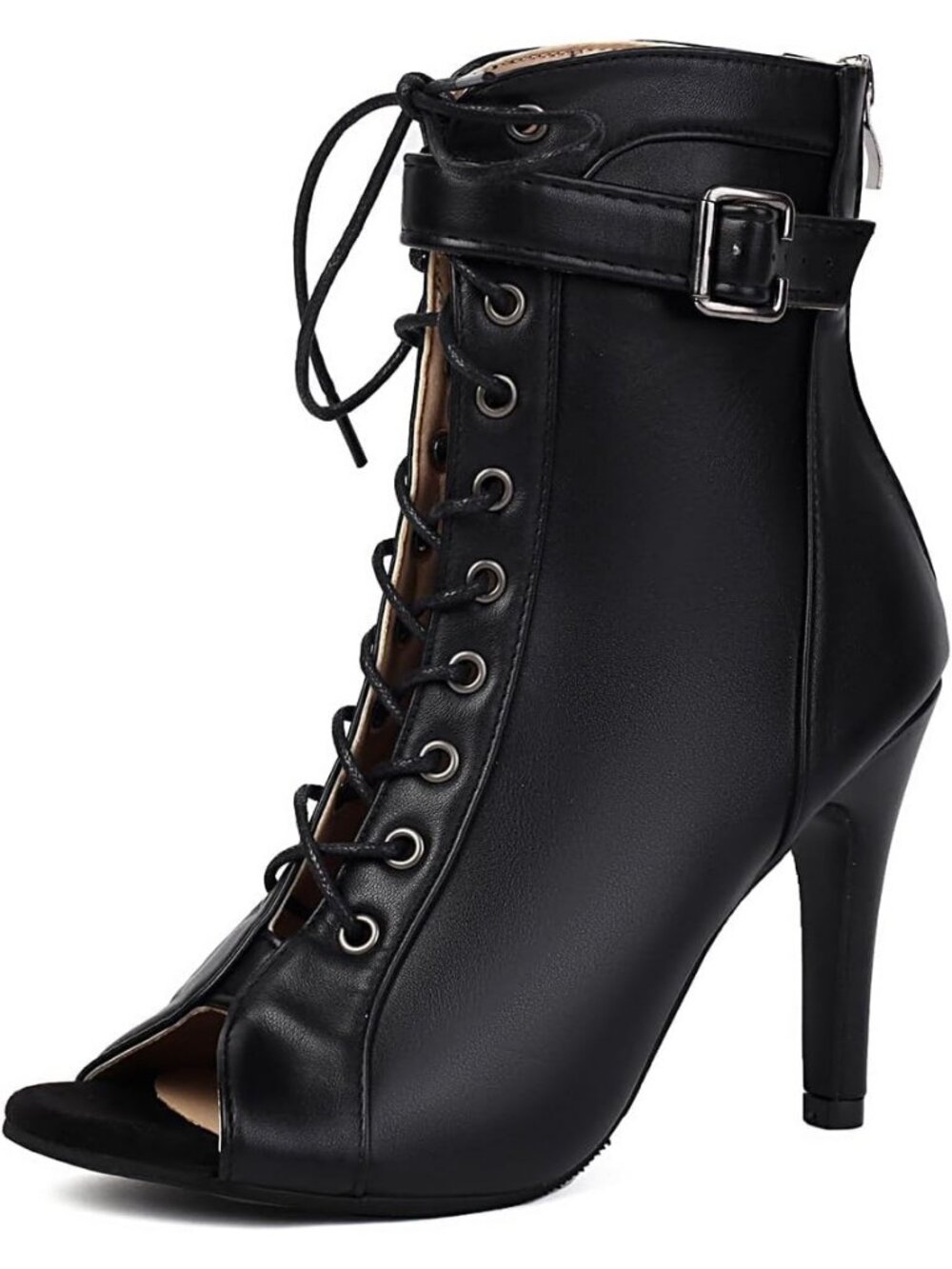 Womens Black Buckle Lace Up Mesh Sandal Peep Toe High Heel Ankle Boots